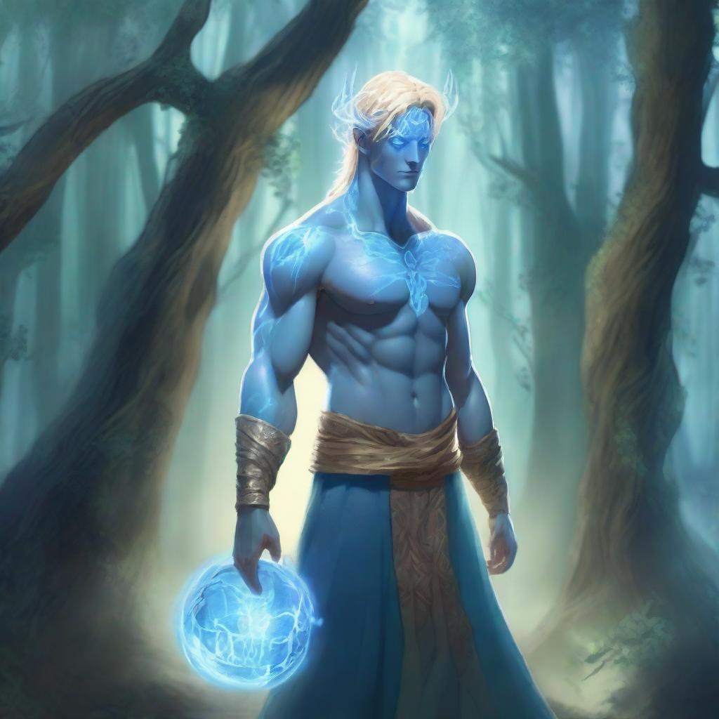 A full-body depiction of a male water genasi with light blue skin and blonde hair, dressed in druidic attire