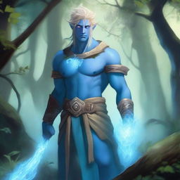 A full-body depiction of a male water genasi with light blue skin and blonde hair, dressed in druidic attire