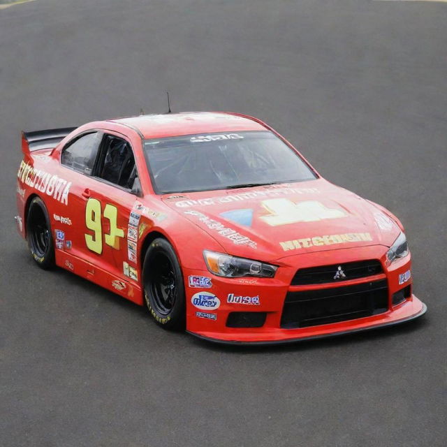 A Mitsubishi car redesigned in the NASCAR aesthetic, featuring bold colors, race-ready modifications, and adorned with various sponsor logos.