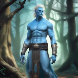 A full-body depiction of a male water genasi with light blue skin and blonde hair, dressed in druidic attire