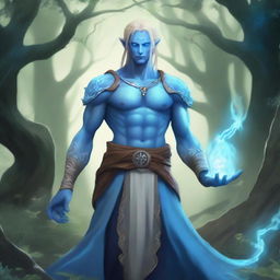 A full-body depiction of a male water genasi with light blue skin and blonde hair, dressed in druidic attire