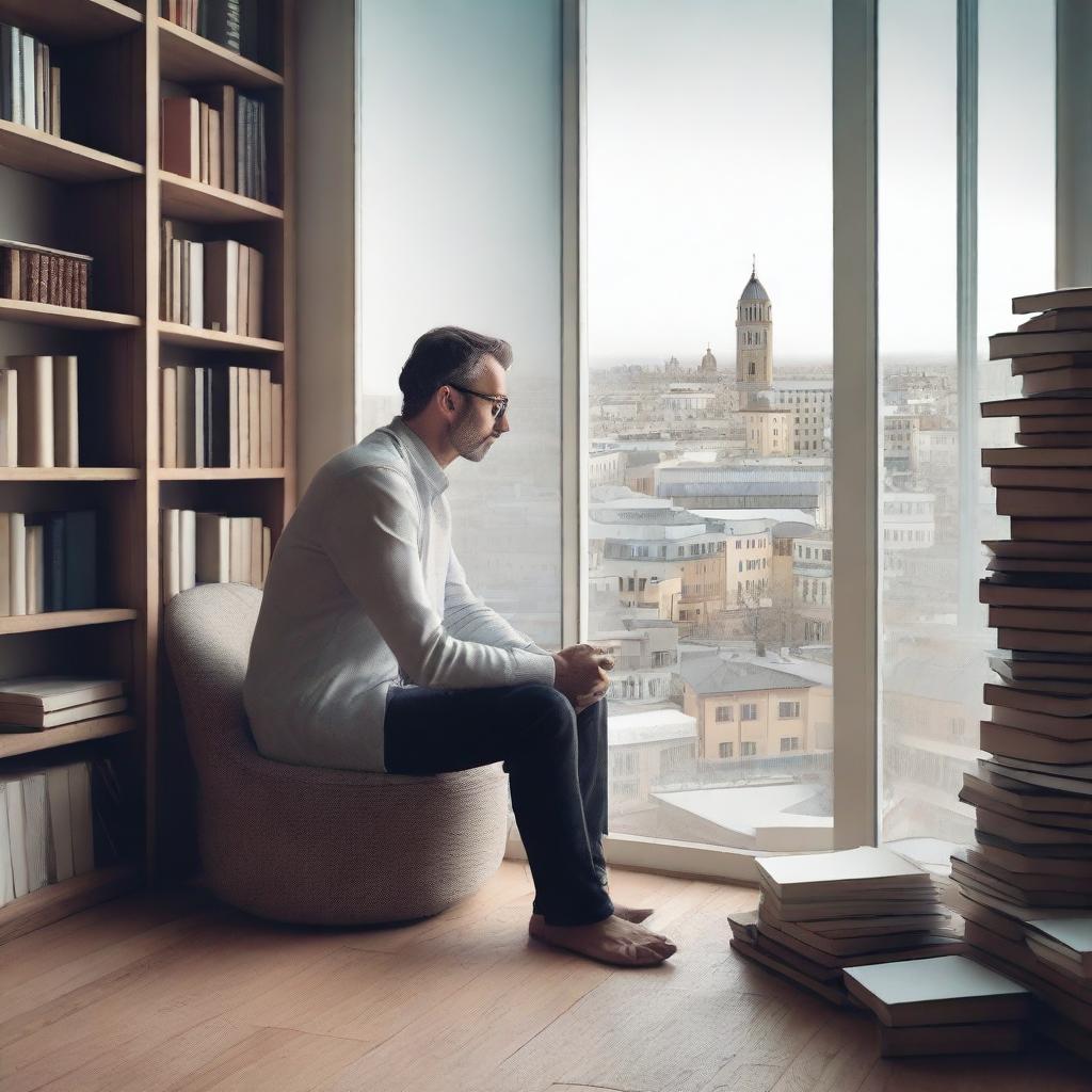 A modern philosopher sitting in a minimalist room, surrounded by books and a laptop