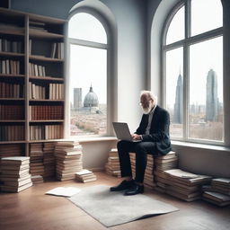 A modern philosopher sitting in a minimalist room, surrounded by books and a laptop