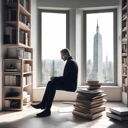 A modern philosopher sitting in a minimalist room, surrounded by books and a laptop