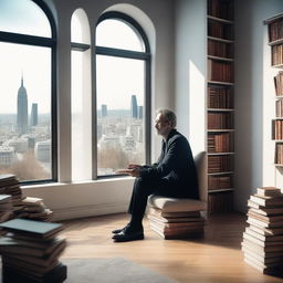 A modern philosopher sitting in a minimalist room, surrounded by books and a laptop