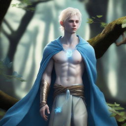 A full-body depiction of a young and very pretty male water genasi with light blue skin and blonde hair, dressed in druidic attire