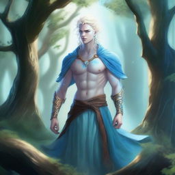 A full-body depiction of a young and very pretty male water genasi with light blue skin and blonde hair, dressed in druidic attire