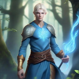 A full-body depiction of a young and very pretty male water genasi with light blue skin and blonde hair, dressed in druidic attire