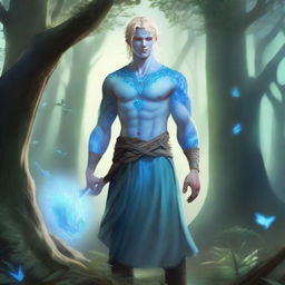 A full-body depiction of a young and very pretty male water genasi with light blue skin and blonde hair, dressed in druidic attire