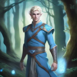 A full-body depiction of a young and very pretty male water genasi in his early 20s with light blue skin and blonde hair, dressed in druidic attire