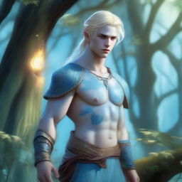 A full-body depiction of a young and very pretty male water genasi in his early 20s with light blue skin and blonde hair, dressed in druidic attire