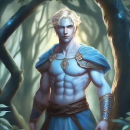 A full-body depiction of a young and very pretty male water genasi in his early 20s with light blue skin and blonde hair, dressed in druidic attire