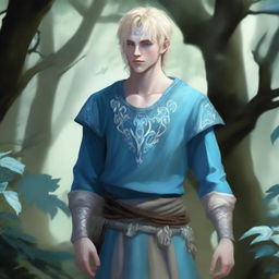 A full-body depiction of a young and very pretty male water genasi in his early 20s with light blue skin and blonde hair, dressed in druidic attire