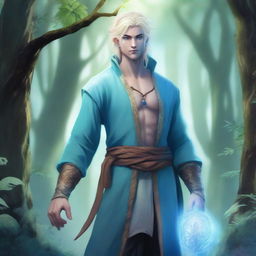A full-body depiction of a young and very pretty male water genasi in his early 20s with light blue skin and blonde hair, dressed in druidic attire