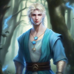 A full-body depiction of a young and very pretty male water genasi in his early 20s with light blue skin and blonde hair, dressed in druidic attire