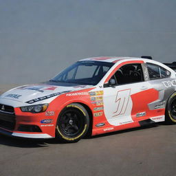 A Mitsubishi car redesigned in the NASCAR aesthetic, featuring bold colors, race-ready modifications, and adorned with various sponsor logos.