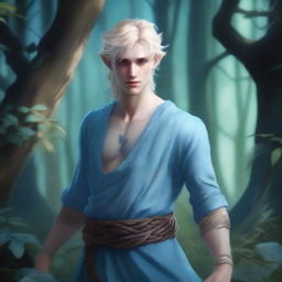A full-body depiction of a young and very pretty male water genasi in his early 20s with light blue skin and blonde hair, dressed in druidic attire
