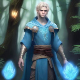 A full-body depiction of a young and very pretty male water genasi in his early 20s with light blue skin and blonde hair, dressed in druidic attire