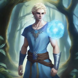 A full-body depiction of a young and very pretty male water genasi in his early 20s with light blue skin and blonde hair, dressed in druidic attire