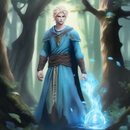 A full-body depiction of a young and very pretty male water genasi in his early 20s with light blue skin and blonde hair, dressed in druidic attire
