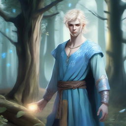A full-body depiction of a young and very pretty male water genasi in his early 20s with light blue skin and blonde hair, dressed in druidic attire