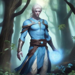 A full-body depiction of a young and very pretty male water genasi in his early 20s with light blue skin and blonde hair, dressed in druidic attire