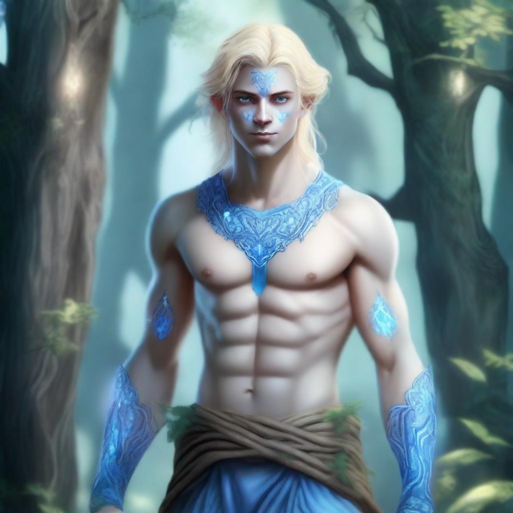 A full-body depiction of a very pretty male water genasi in his early 20s with light blue skin and blonde hair, dressed in druidic attire