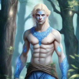A full-body depiction of a very pretty male water genasi in his early 20s with light blue skin and blonde hair, dressed in druidic attire