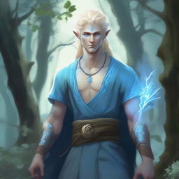 A full-body depiction of a very pretty male water genasi in his early 20s with light blue skin and blonde hair, dressed in druidic attire