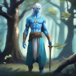 A full-body depiction of a very pretty male water genasi in his early 20s with light blue skin and blonde hair, dressed in druidic attire