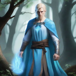 A full-body depiction of a very pretty male water genasi in his early 20s with light blue skin and blonde hair, dressed in druidic attire