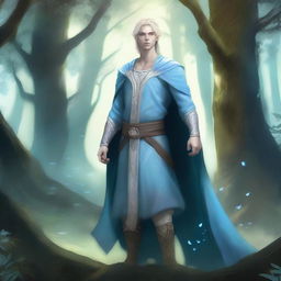 A full-body depiction of a very pretty male water genasi in his early 20s with light blue skin and blonde hair, dressed in druidic attire