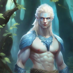 A full-body depiction of a very pretty male water genasi in his early 20s with light blue skin and blonde hair, dressed in druidic attire