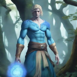 A full-body depiction of a very pretty male water genasi in his early 20s with light blue skin and blonde hair, dressed in druidic attire