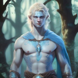 A full-body depiction of a very pretty male water genasi in his early 20s with light blue skin and blonde hair, dressed in druidic attire