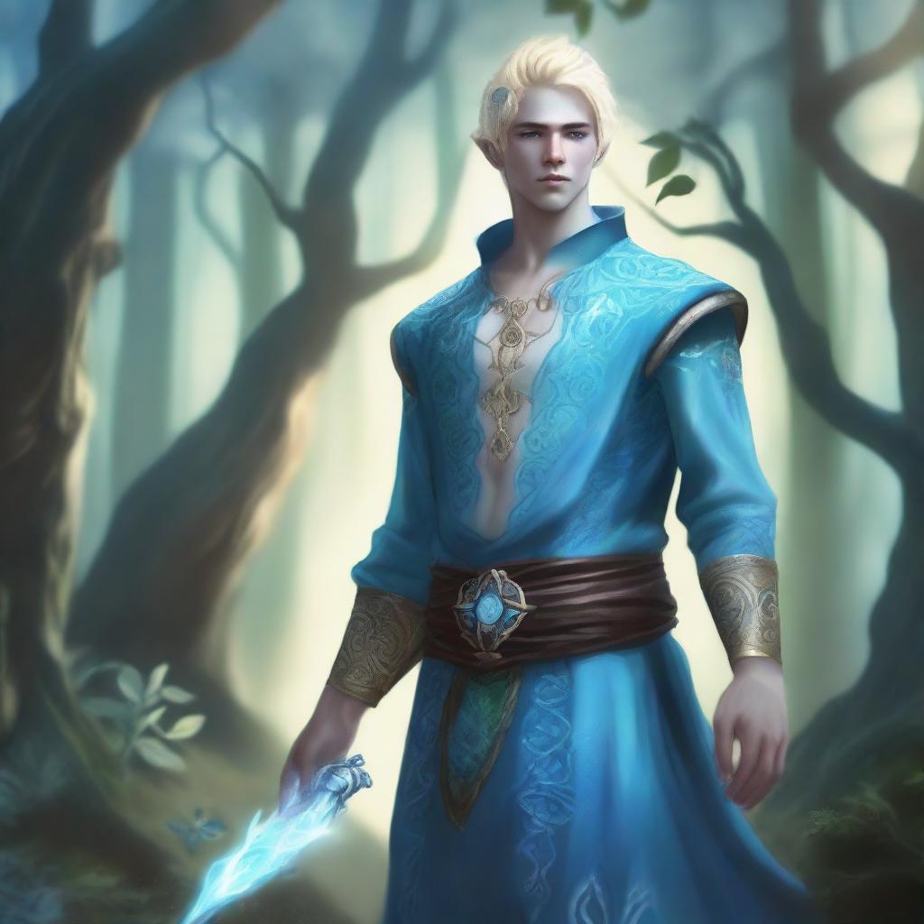A full-body depiction of a very pretty male water genasi in his early 20s with light blue skin and blonde hair, dressed in druidic attire
