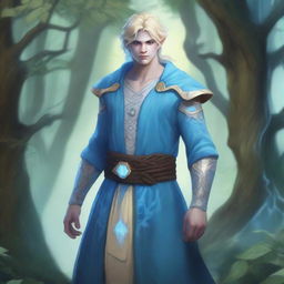A full-body depiction of a very pretty male water genasi in his early 20s with light blue skin and blonde hair, dressed in druidic attire