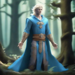 A full-body depiction of a very pretty male water genasi in his early 20s with light blue skin and blonde hair, dressed in druidic attire