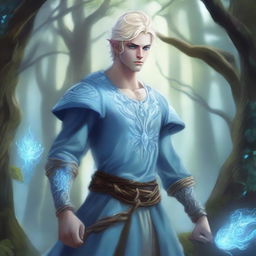 A full-body depiction of a very pretty male water genasi in his early 20s with light blue skin and blonde hair, dressed in druidic attire