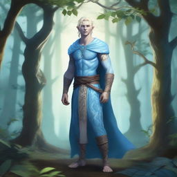 A full-body depiction of a very pretty male water genasi in his early 20s with light blue skin and blonde hair, dressed in druidic attire