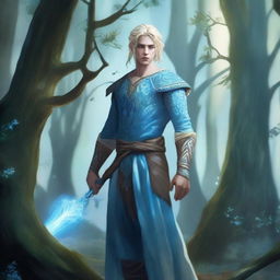 A full-body depiction of a very pretty male water genasi in his early 20s with light blue skin and blonde hair, dressed in druidic attire