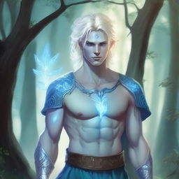 A full-body depiction of a very pretty male water genasi in his early 20s with light blue skin and blonde hair, dressed in druidic attire