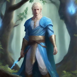 A full-body depiction of a very pretty male water genasi in his early 20s with light blue skin and blonde hair, dressed in druidic attire