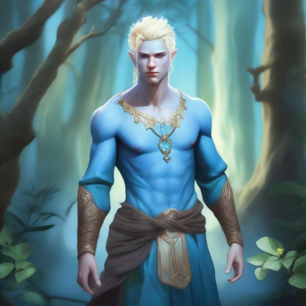 A full-body depiction of a very pretty male water genasi in his early 20s with light blue skin and blonde hair, dressed in druidic attire