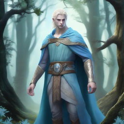 A full-body depiction of a very pretty male water genasi in his early 20s with light blue skin and blonde hair, dressed in druidic attire