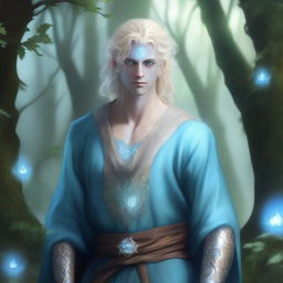 A full-body depiction of a very pretty male water genasi in his early 20s with light blue skin and blonde hair, dressed in druidic attire
