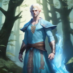 A full-body depiction of a very pretty male water genasi in his early 20s with light blue skin and blonde hair, dressed in druidic attire