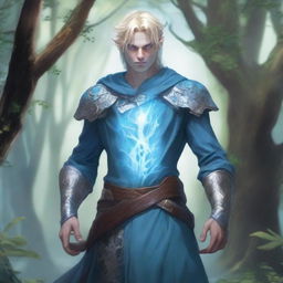 A full-body depiction of a very pretty male water genasi in his early 20s with light blue skin and blonde hair, dressed in D&D attire
