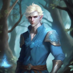 A full-body depiction of a very pretty male water genasi in his early 20s with light blue skin and blonde hair, dressed in D&D attire