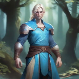 A full-body depiction of a very pretty male water genasi in his early 20s with light blue skin and blonde hair, dressed in D&D attire